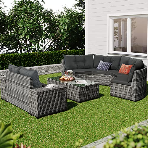 8 Piece Half Moon Sectional Patio Furniture Set with Washable Cushions and Glass Coffee Table T337