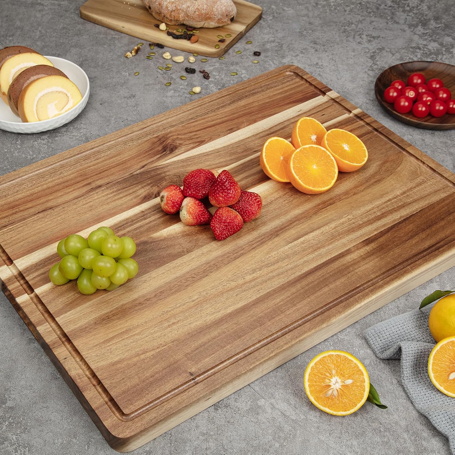 Large Acacia Wood Cutting Board 24 x 18 Inch with Side Handles and Juice Slot X691795