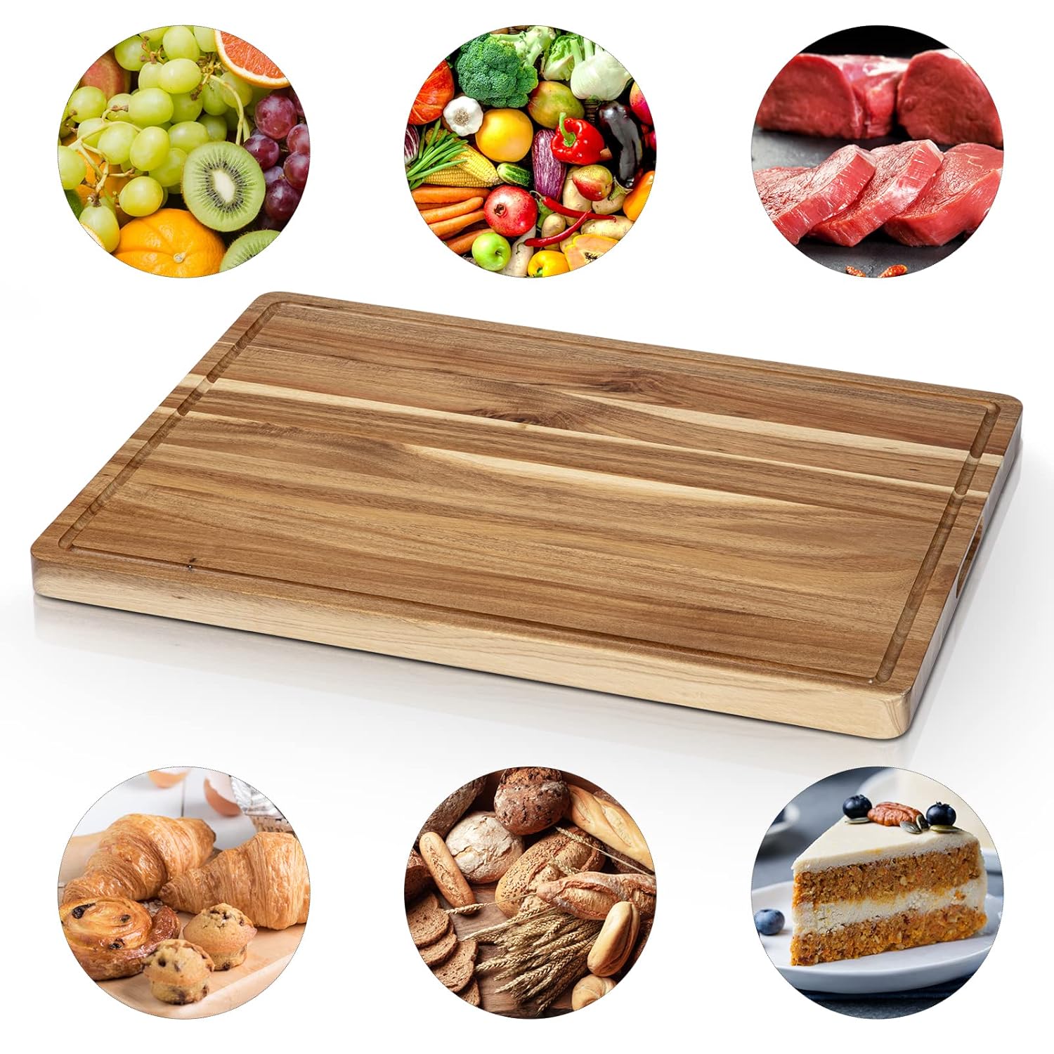 Large Acacia Wood Cutting Board 24 x 18 Inch with Side Handles and Juice Slot X691795