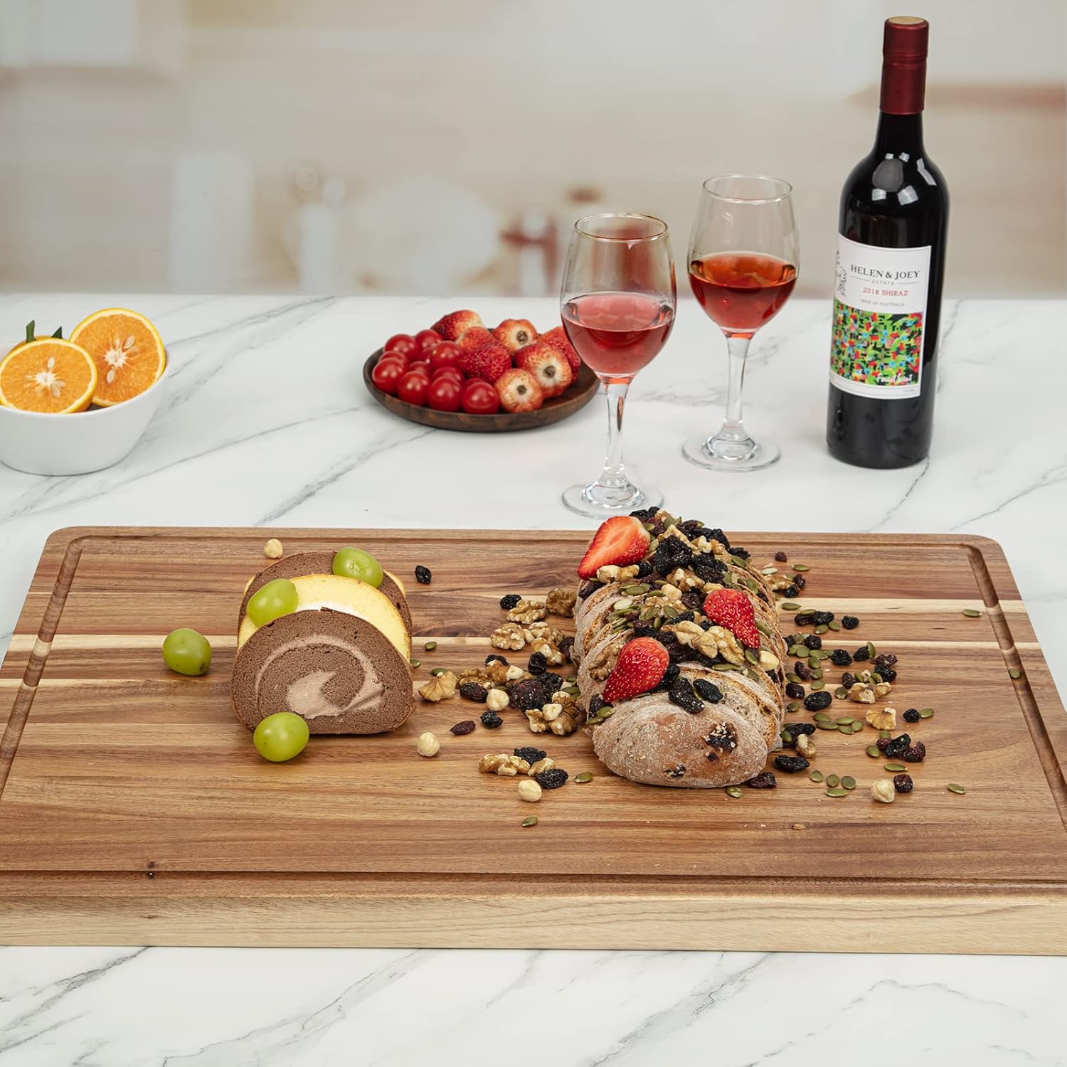 Large Acacia Wood Cutting Board 24 x 18 Inch with Side Handles and Juice Slot X691795