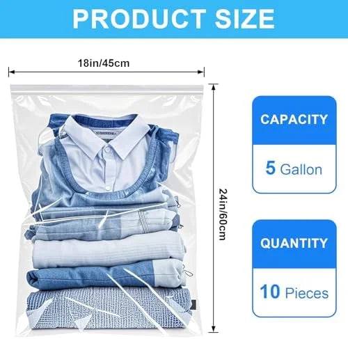 Large 5 Gallon Plastic Storage Bags (10 Pack) - 18" x 24", 2.4 Mil Thick, Resealable Clear Zipper Bags L658116