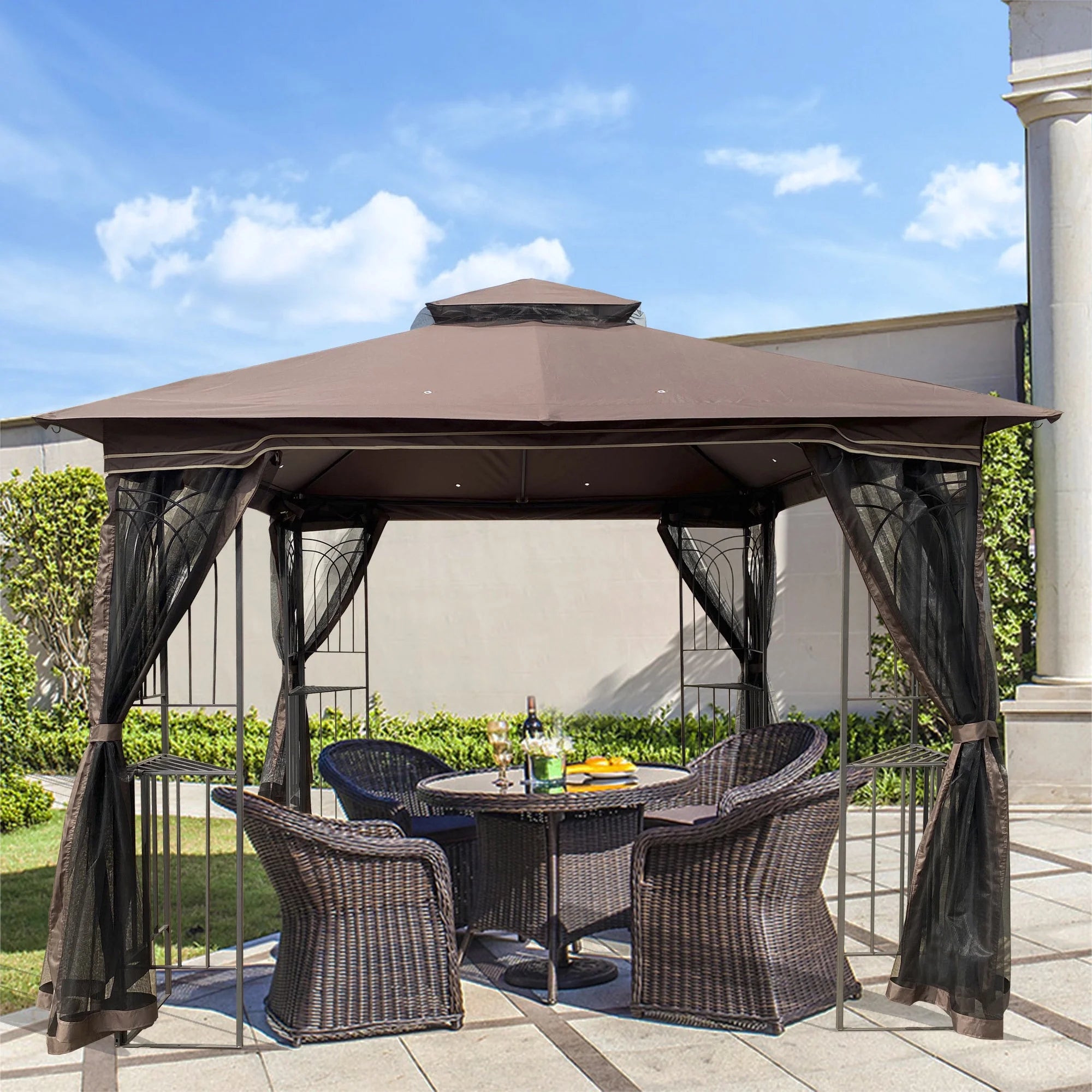 10x10 Outdoor Patio Gazebo Canopy Tent With Ventilated Double Roof And Mosquito Net, Brown K577074