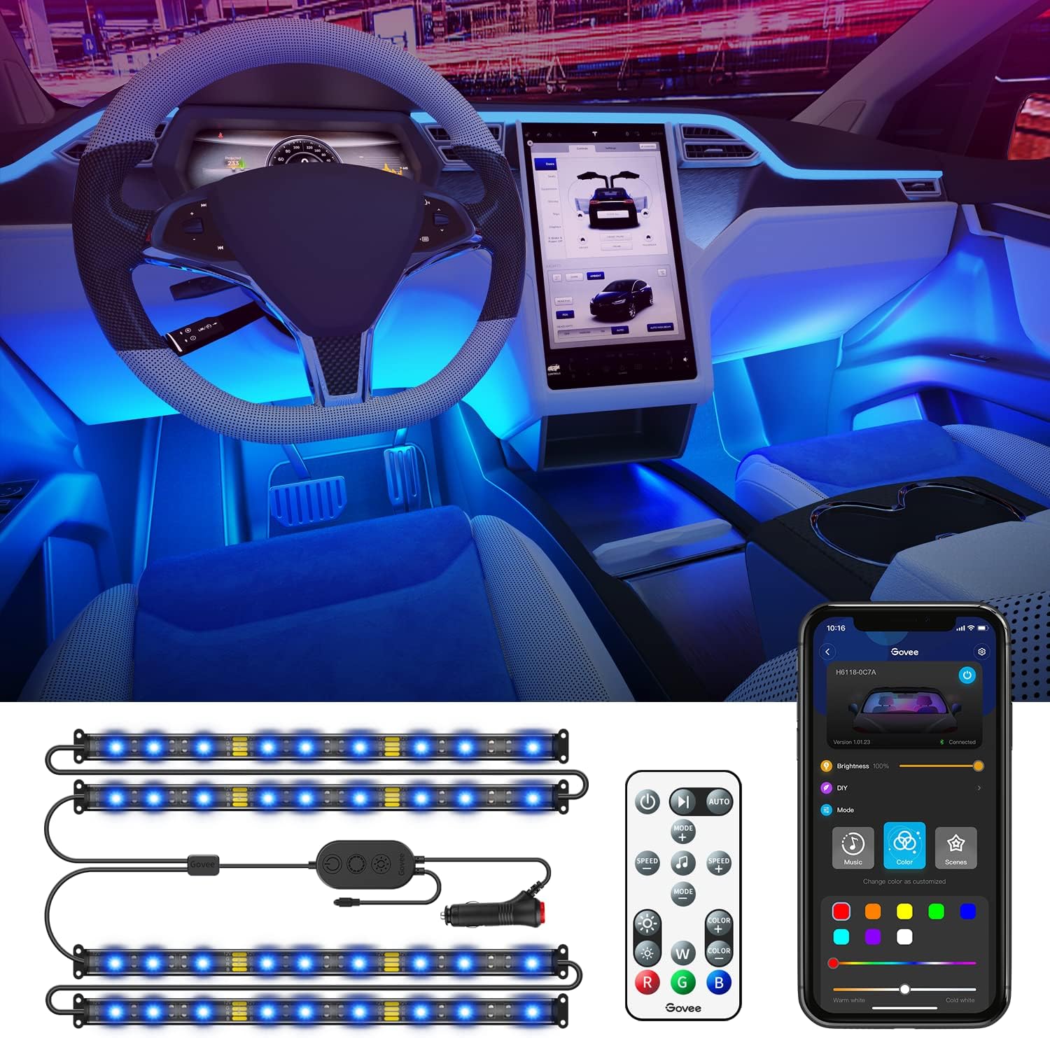 Car LED Lights with APP Control, Music Sync, 16 Million Colors, 2 Lines Design, RGB Under Dash Car Lighting with Car Charger, DC 12V A352