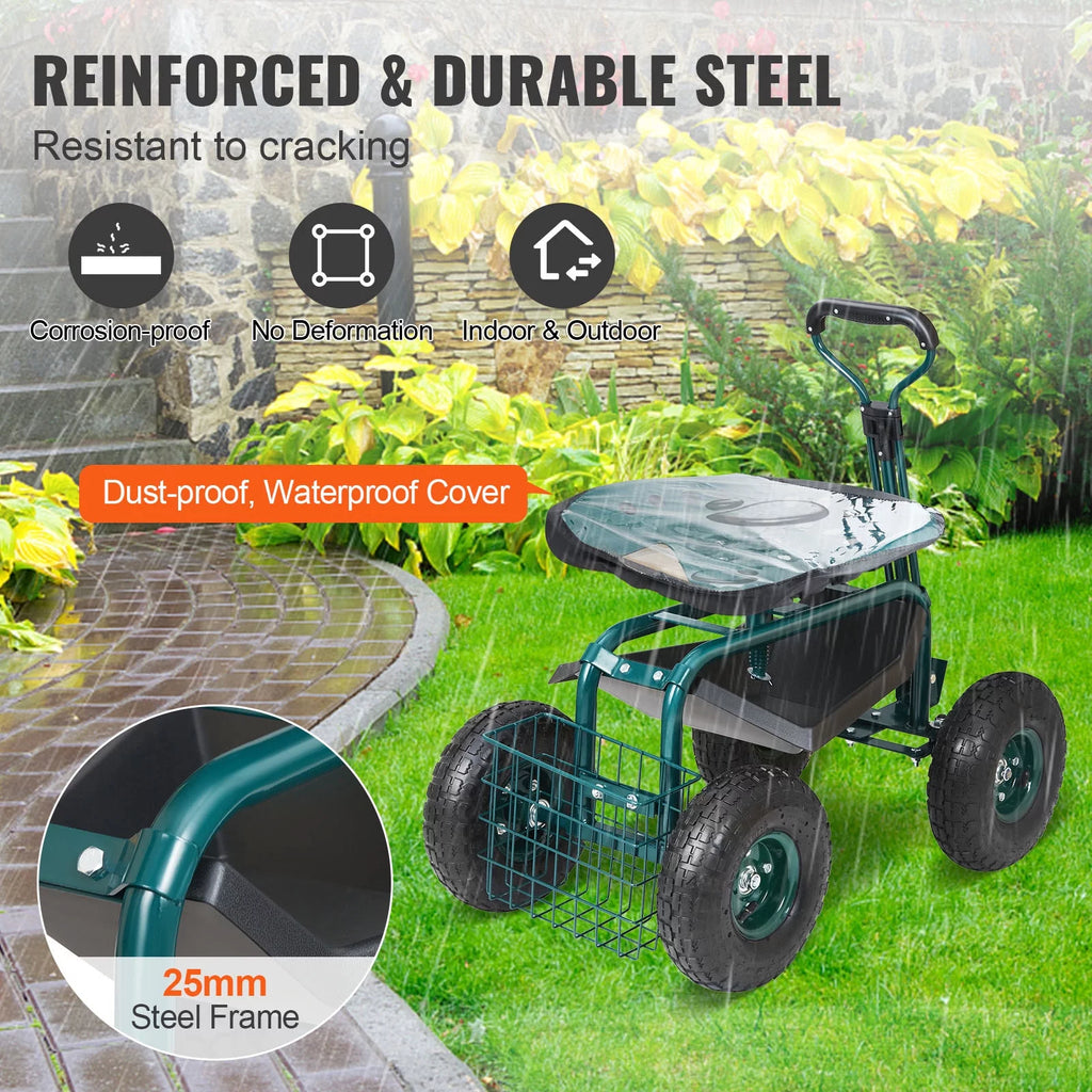 Garden Cart Rolling Workseat with Wheels, 360 Degree Swivel Seat, Steering Handle & Utility Tool Tray Y6931