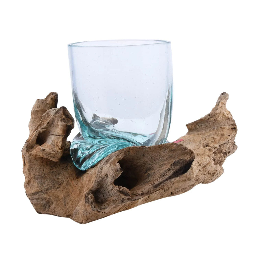 Handblown Molten Drinking Glass with Wood Base Z7206