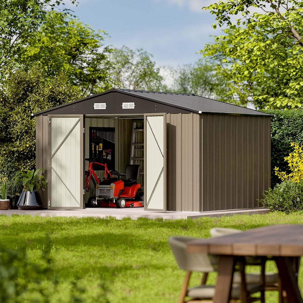 10 x 8 FT Metal Storage Shed with Sloping Roof and Double Lockable Door, Brown F4726