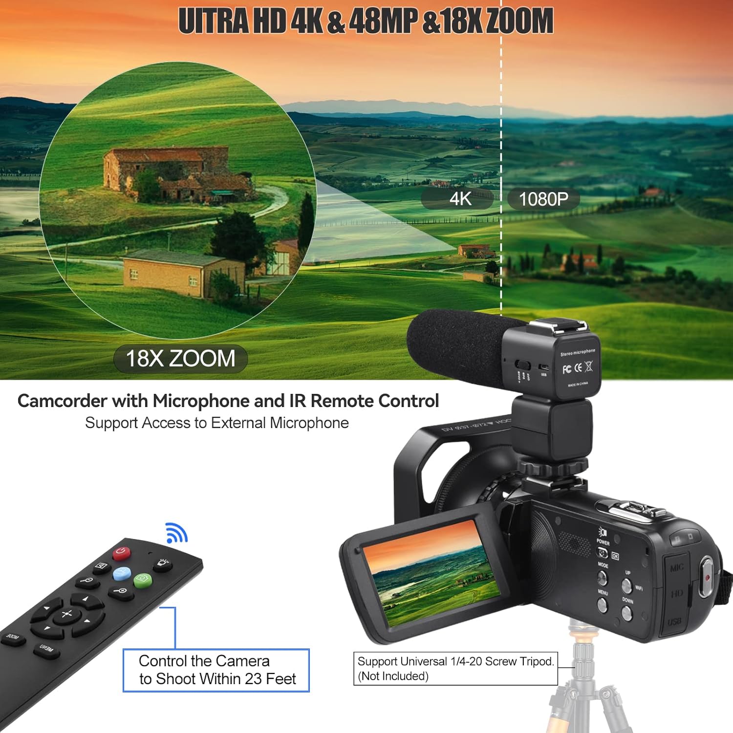 4K 48MP 3.0 Inch IPS Touch Screen Camcorder with Microphone and 2 Batteries (Black) G724213