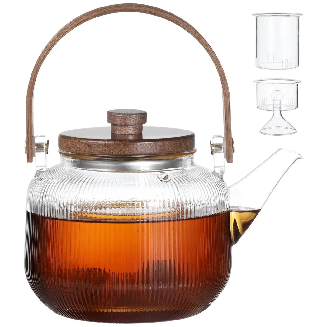 34oz Borosilicate Glass Stovetop Teapot with Removable Infusers and Wooden Lid U76313
