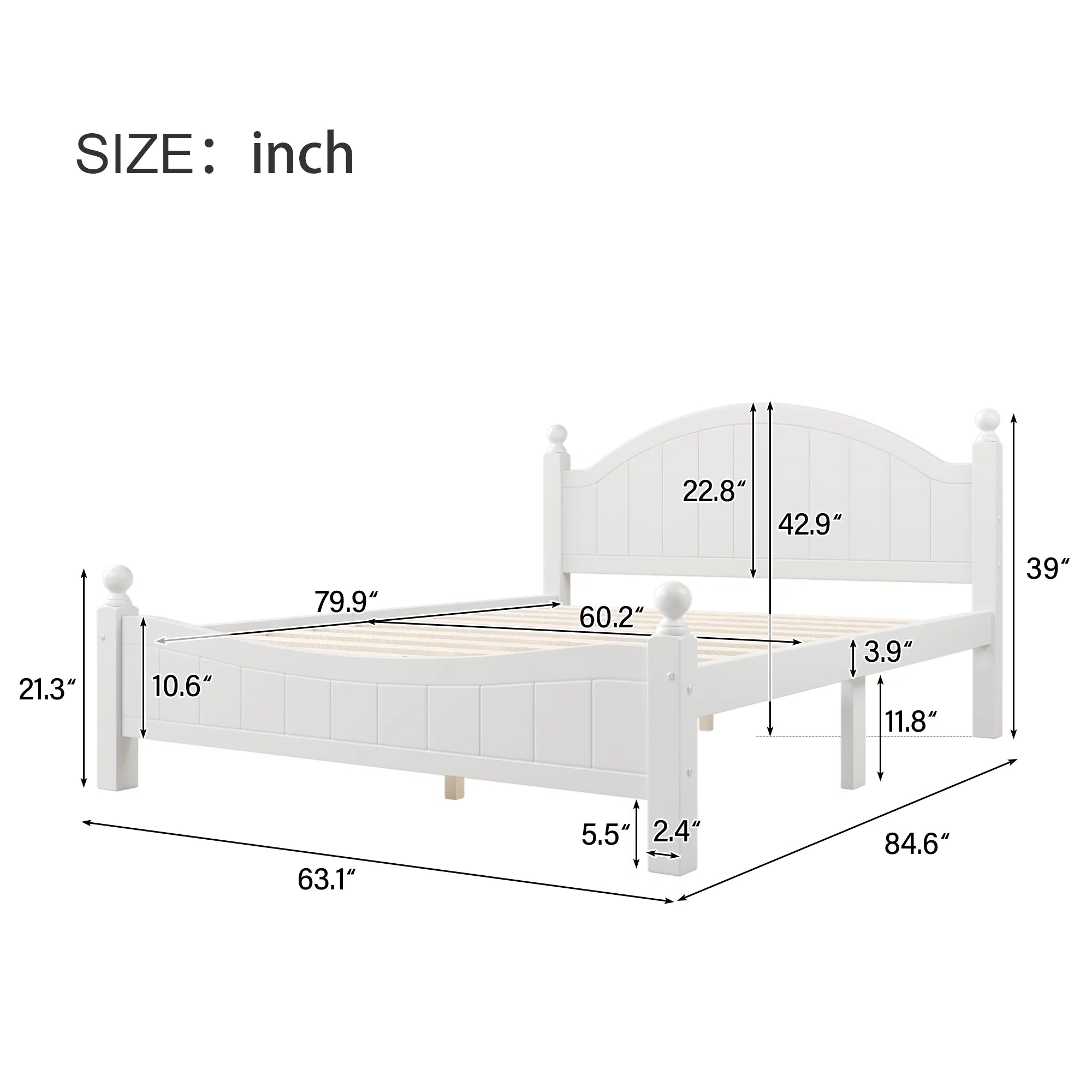 Queen Size Solid Wood Platform Bed with Headboard and Footboard White P3741