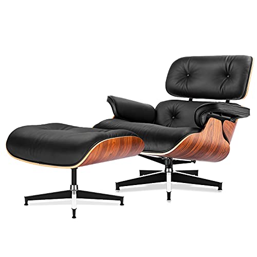 Top Black Grain Leather Palisander Wood Lounge Chair and Ottoman V26658