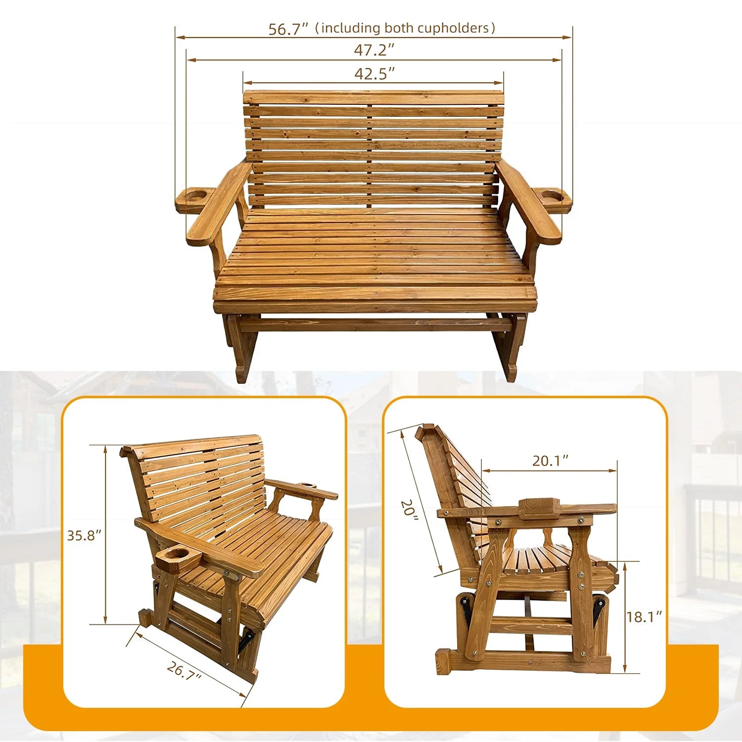 Brown Solid Fir Wood Patio Glider with Cupholders Z5768