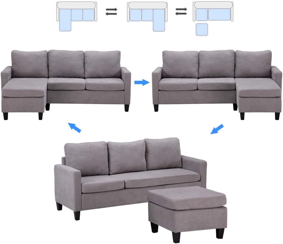 Light Grey Linen Fabric L-Shaped 3-Seat Convertible Sectional Sofa Couch with Reversible Chaise A607
