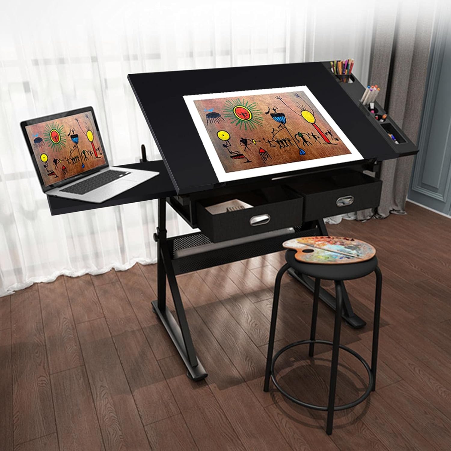 Height Adjustable Drafting Desk with Tiltable Tabletop and 2 Storage Drawers Y68050