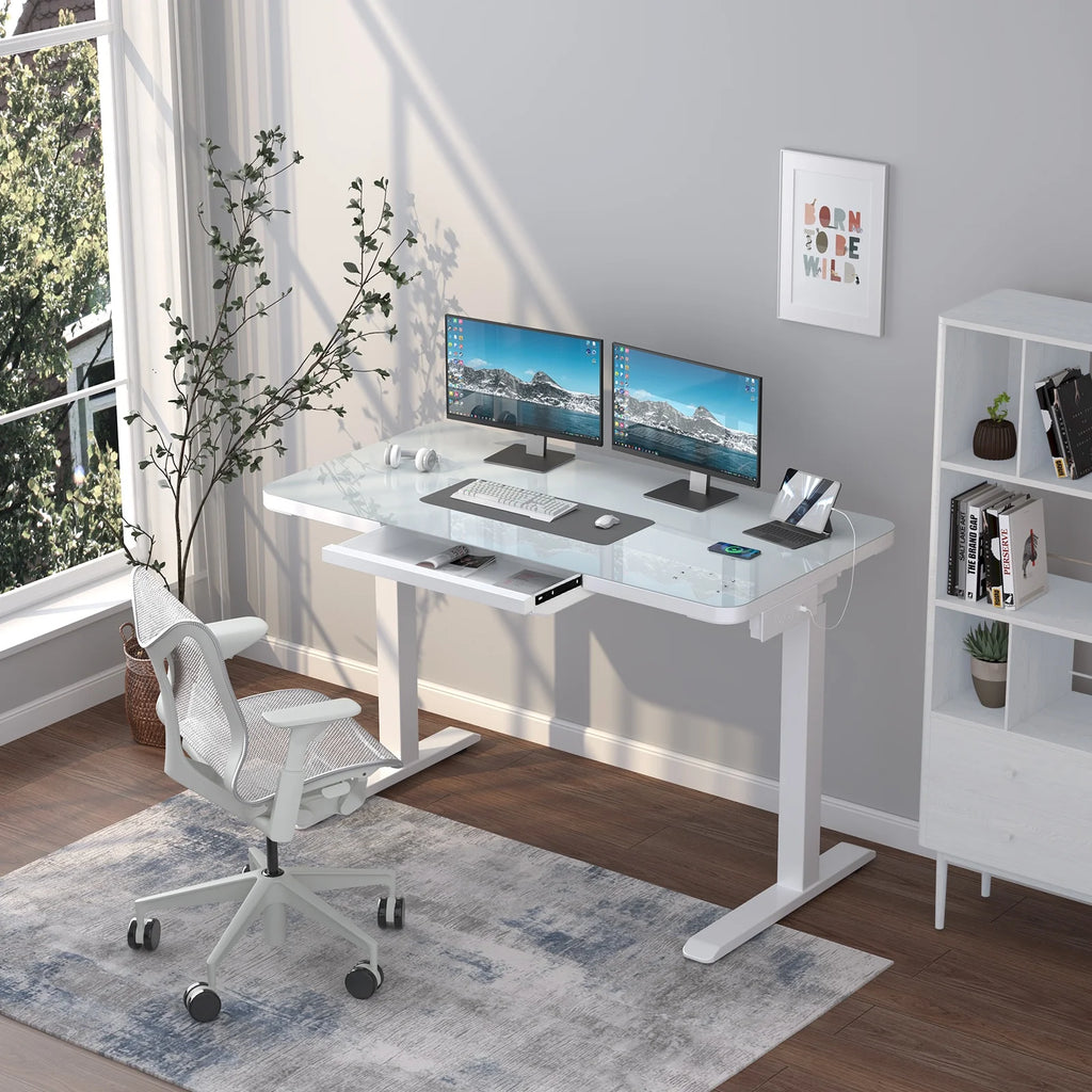 White Electric Glass Standing Desk with Drawers J703