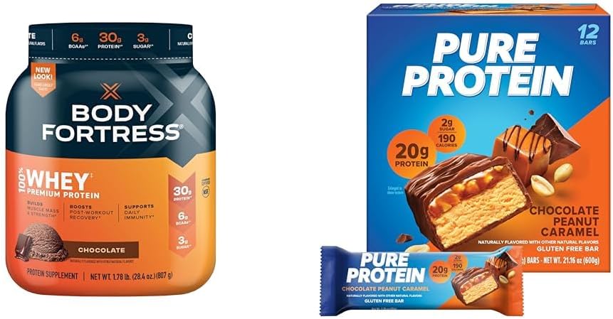 Chocolate Whey Protein Powder 1.78lbs and Chocolate Peanut Caramel Protein Bars 12 Count 1.76oz N808212