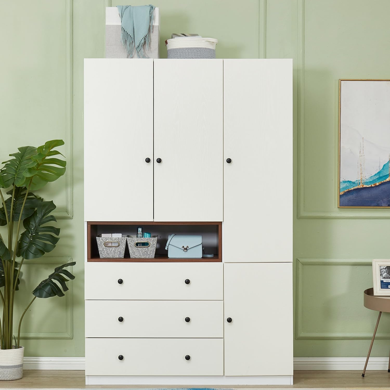 Wooden White 3-Door Armoire Wardrobe Closet with Hanging Rod Q362