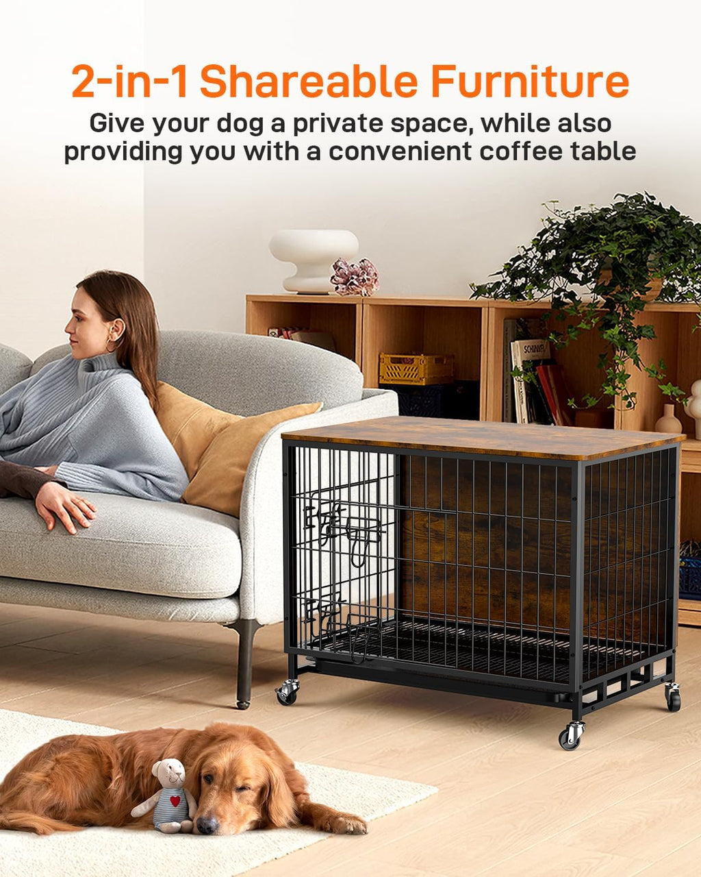 Brown Wooden Dog Crate with Removable Tray and Wheels C17239