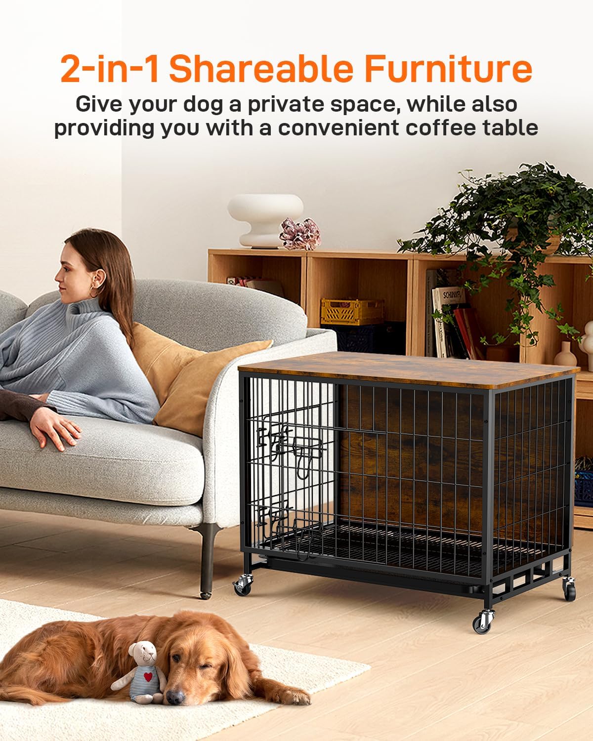 Brown Wooden Dog Crate with Removable Tray and Wheels C17239