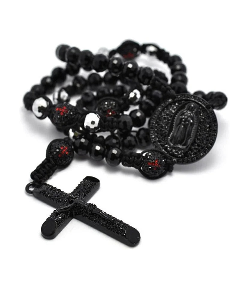 Black Men Crystal Pave Cross Rosary Beaded Chain Necklace 24" L43766