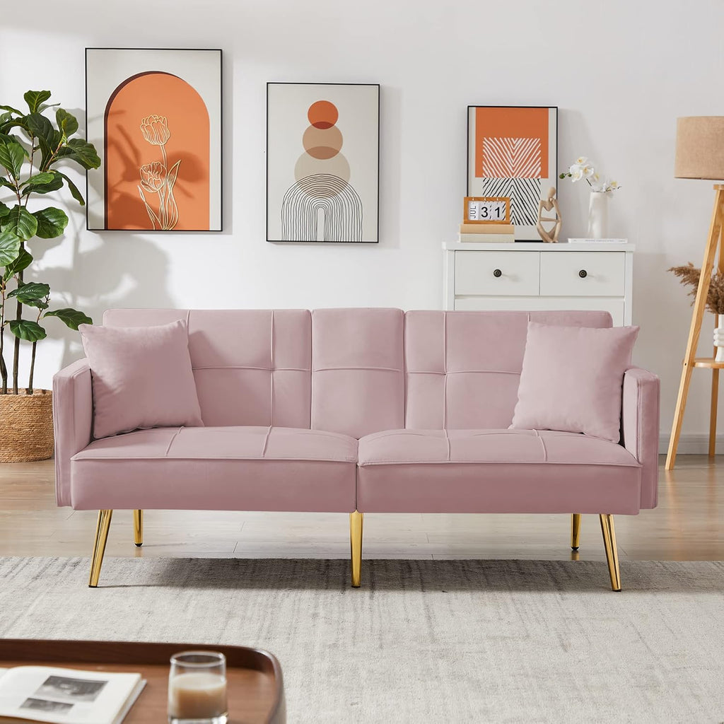 Pink Velvet Convertible Futon Loveseat Sofa Bed with 2 Cup Holders Y10250