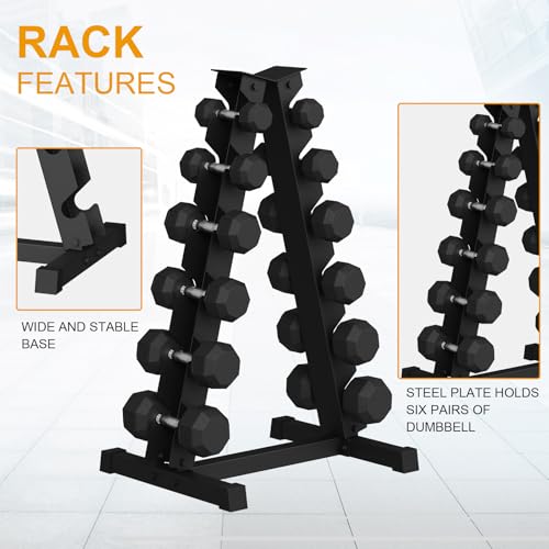 Rubber Coated Hex Dumbbell Weight Set With Rack B8179