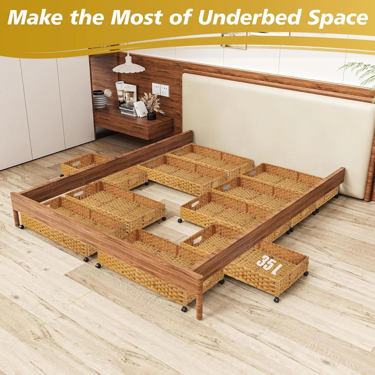 2 Pack 31.5in Rolling Rattan Under Bed Storage Bins S546