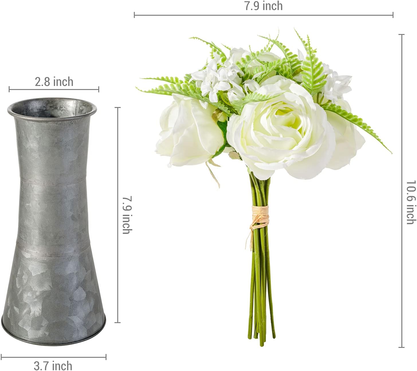 8 Inch Galvanized Metal Decorative Flower Vase with Faux Floral Bouquet, Artificial White Roses V832