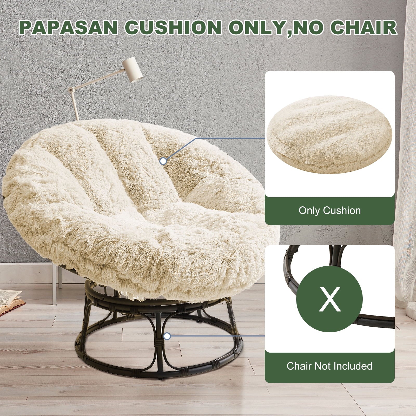 White 48X48 Inch Papasan Chair Cushion with Faux Fur Cover R53315