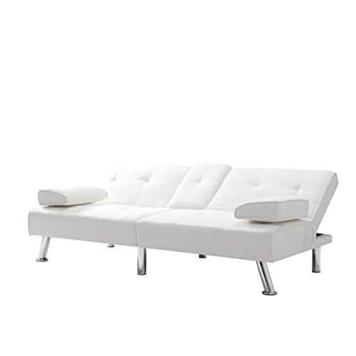 Beige Synthetic Leather Convertible Folding Sofa Bed with Metal Legs Q552