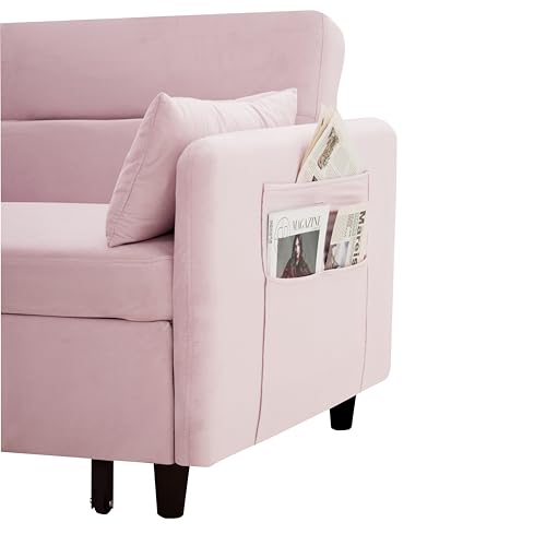 Pink Velvet Sleeper Sofa Couch Bed with Two Pillows I1282