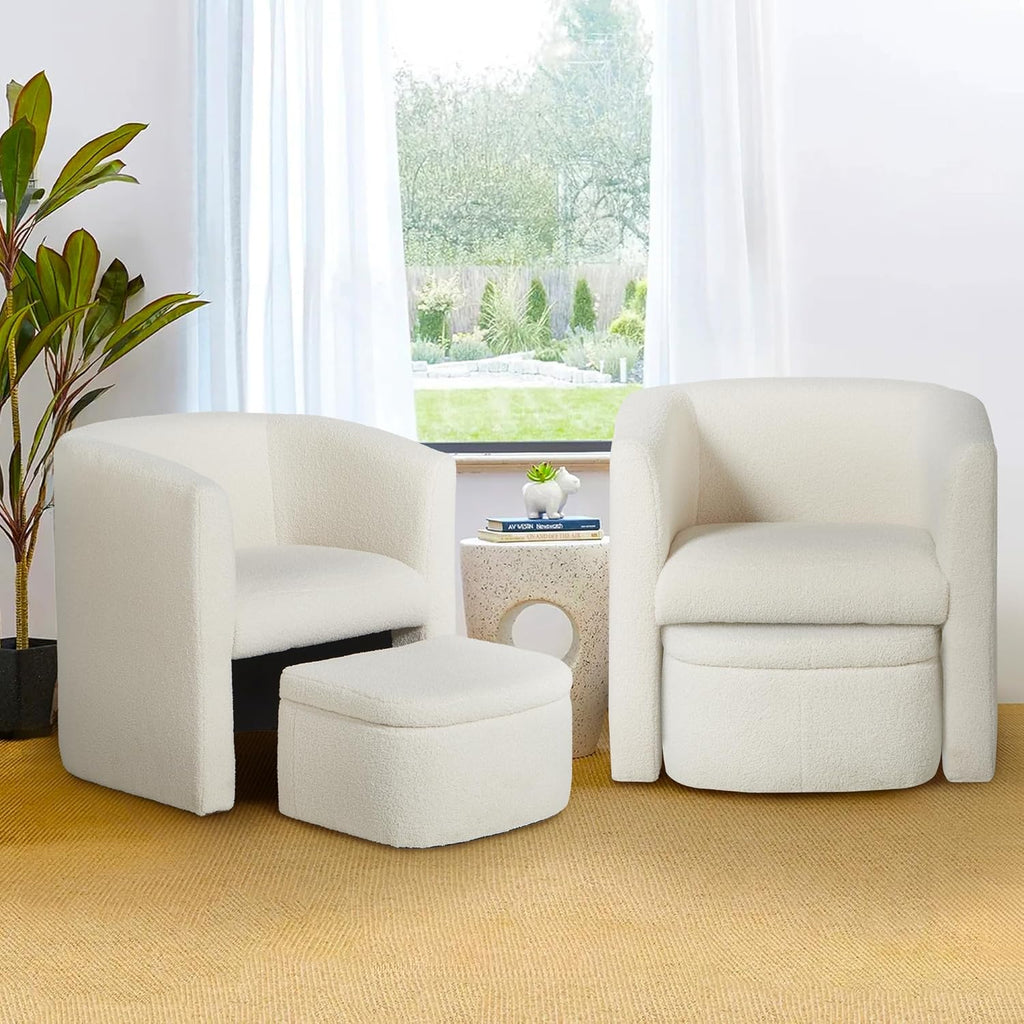 Cream Sherpa Fabric Barrel Chair with Storage Ottoman Set of 2 T3297