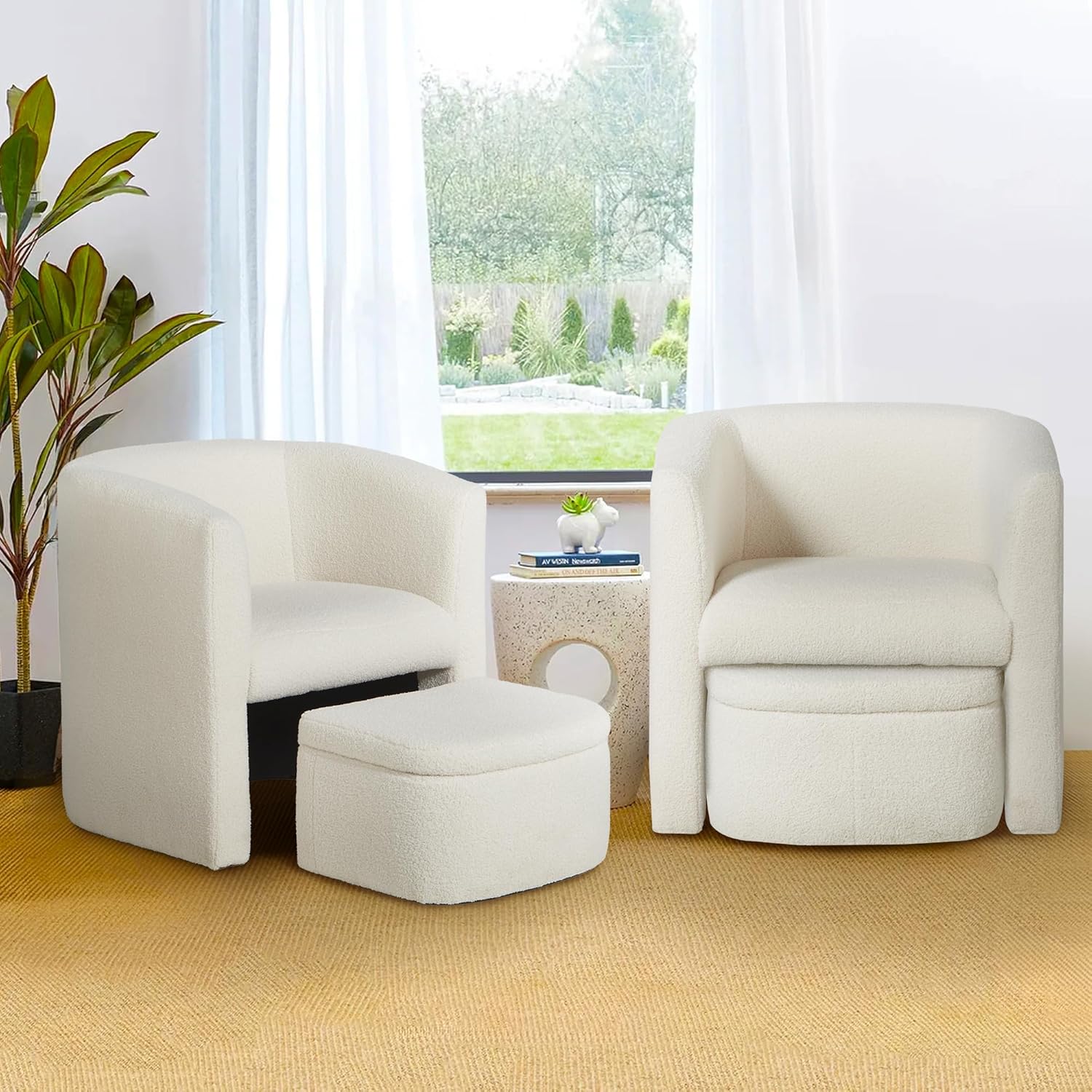 Cream Sherpa Fabric Barrel Chair with Storage Ottoman Set of 2 T3297