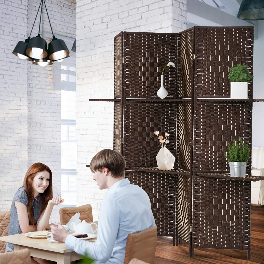 6 FT Tall Extra-Wide Folding Privacy Partition with 2 Shelves Brown O74086