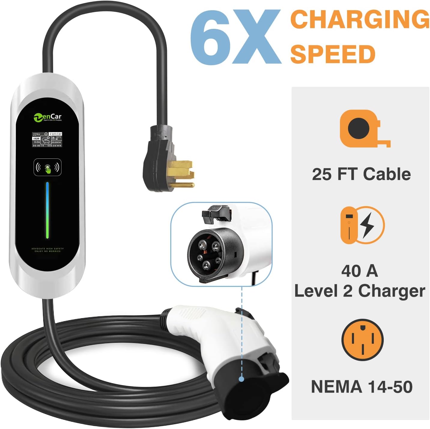 Level 2 EV Charger 40Amp 240V Portable with NEMA 14-50 Plug SAE J1772 Cable S1510