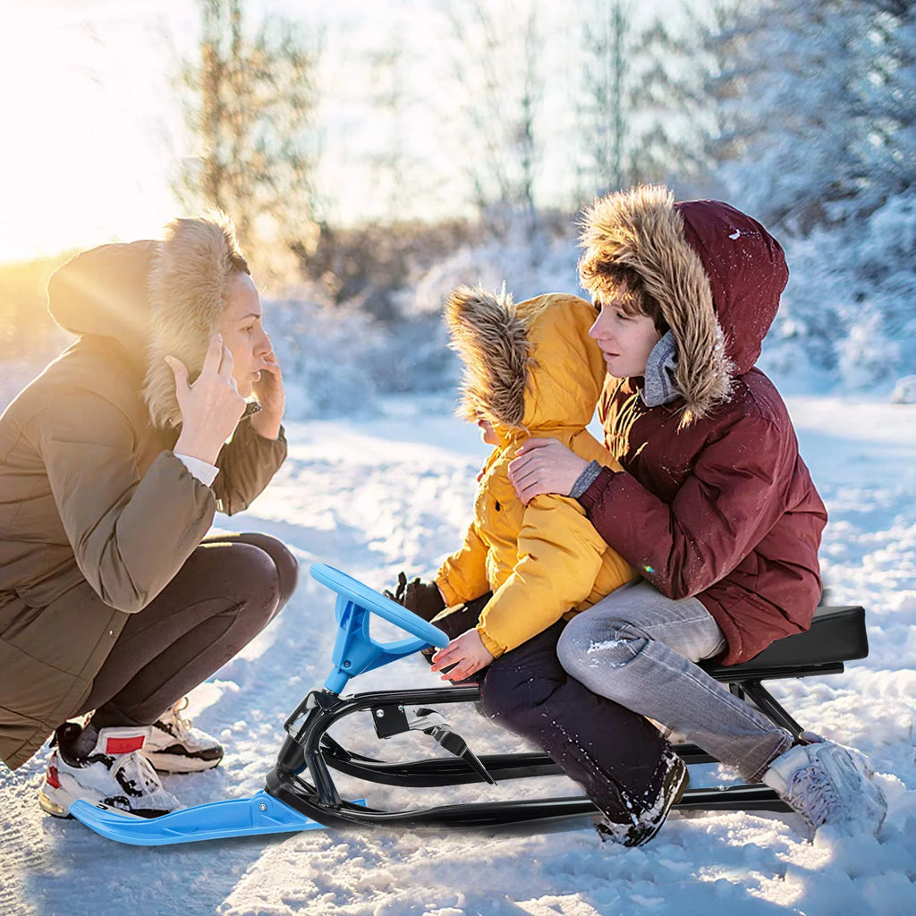 Blue Snow Racer Sled with Steering Wheel, Twin Brakes, Durable Steel Frame E51789