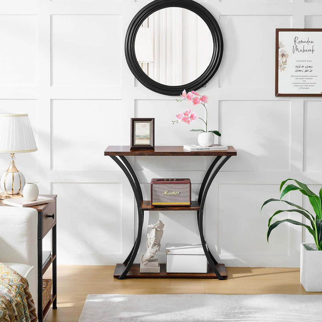 Rustic Brown+Black 3 Tier Console Table with Open Wood Shelves O949