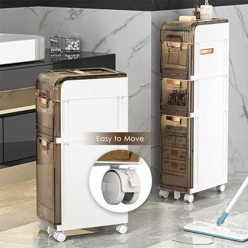 Narrow Bathroom Floor Storage Cabinet with Multi-layer Drawers Universal Wheels, Tall Slim Storage Unit Free Standing Storage Cabinet R10206