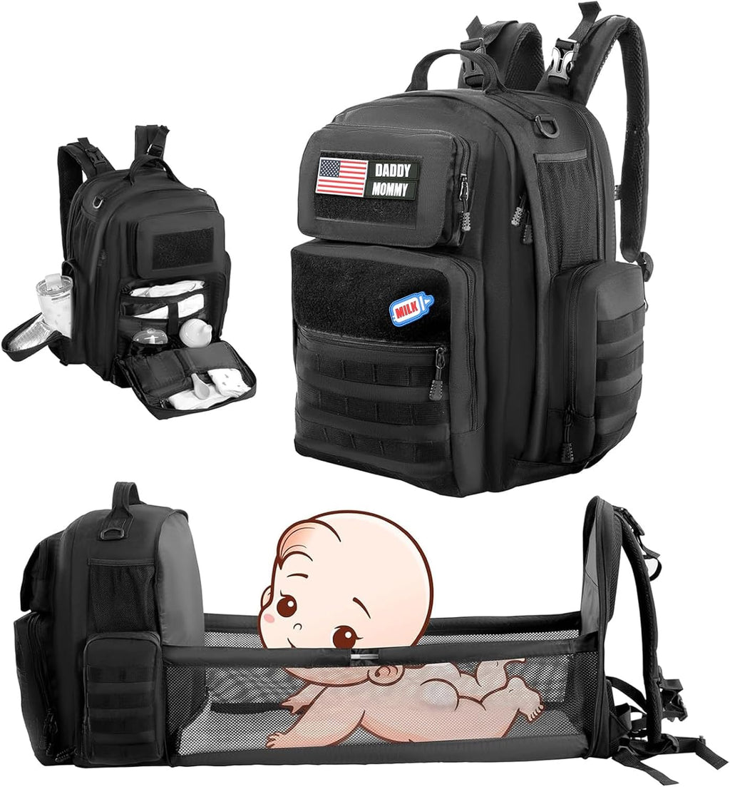 Black Expandable Military Diaper Bag Backpack with Changing Pad O4605