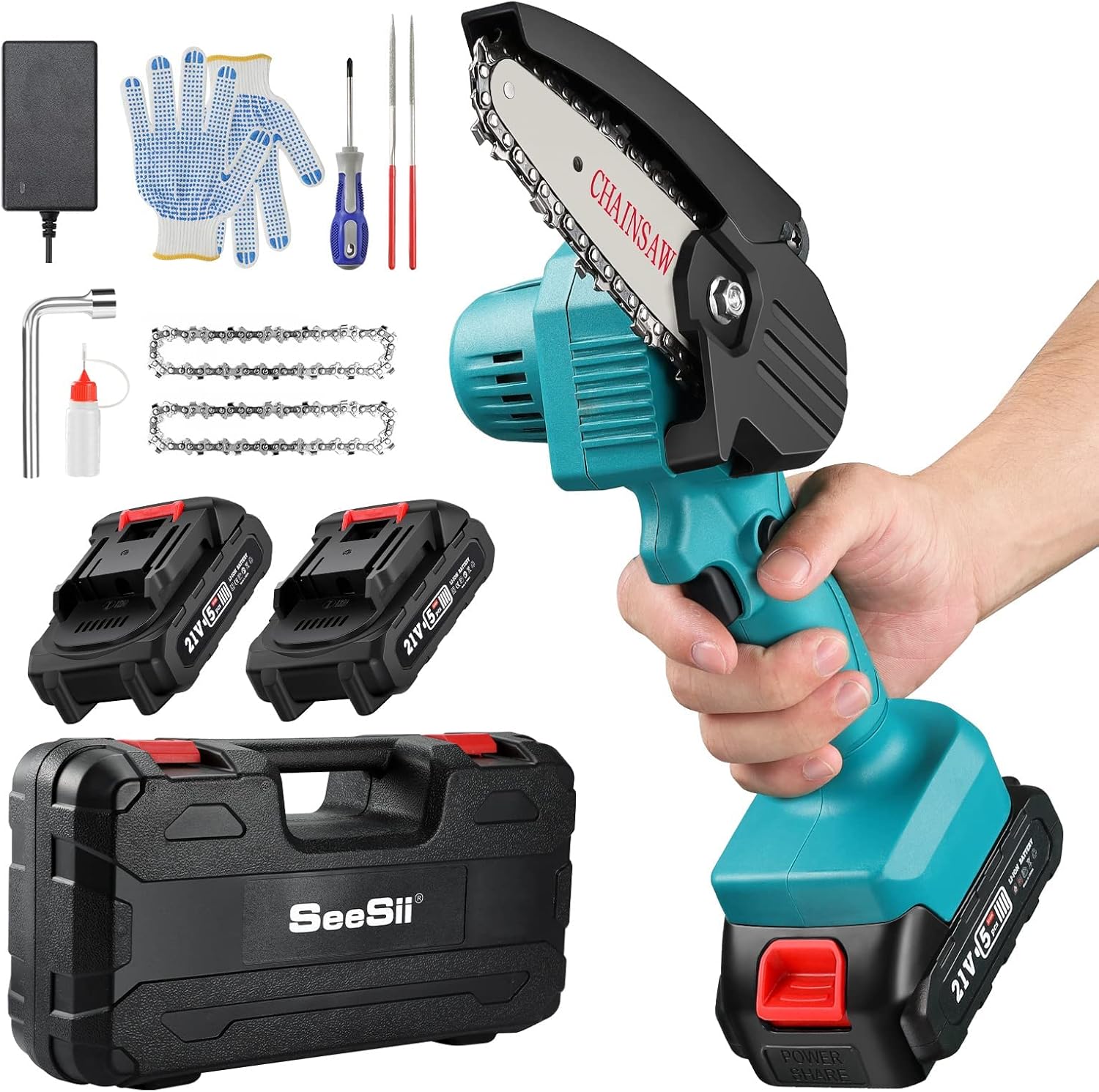 Mini ChainSaw with 2 Battery, 4-Inch Cordless Electric Pruning Chain Saw with Replacement Chain, One-Handed Portable Chainsaw W551573