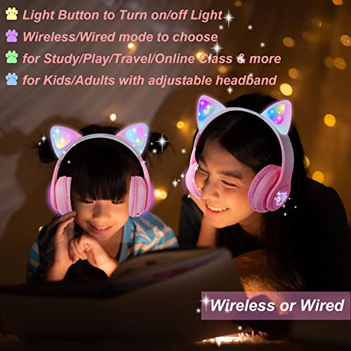 Pink Cat Ear Over Ear Bluetooth Headphones with Microphone E98956