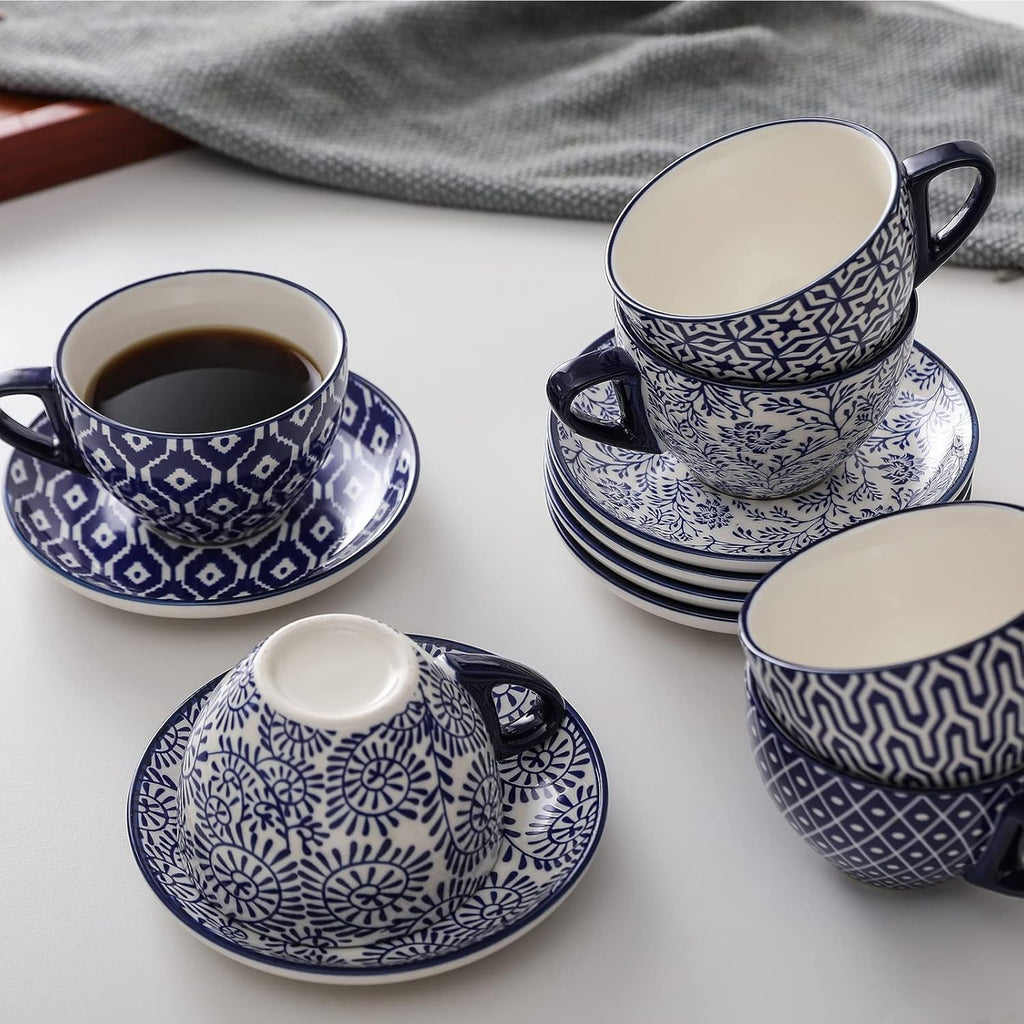 12 Piece Ceramic Dinnerware Set with 8 OZ Cappuccino Cup and Saucers, Vintage Blue E701610