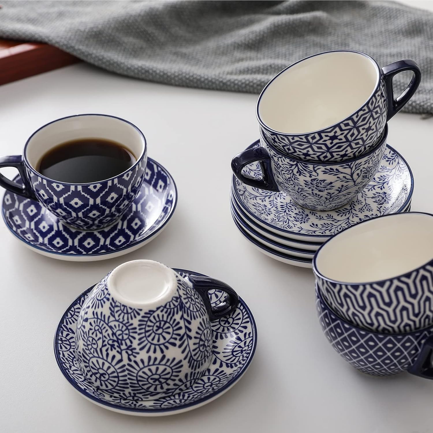 12 Piece Ceramic Dinnerware Set with 8 OZ Cappuccino Cup and Saucers, Vintage Blue E701610
