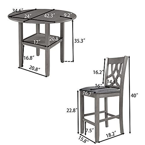 3 Piece Round Drop Leaf Counter Height Dining Table and Chairs Set with Storage Shelf T52721