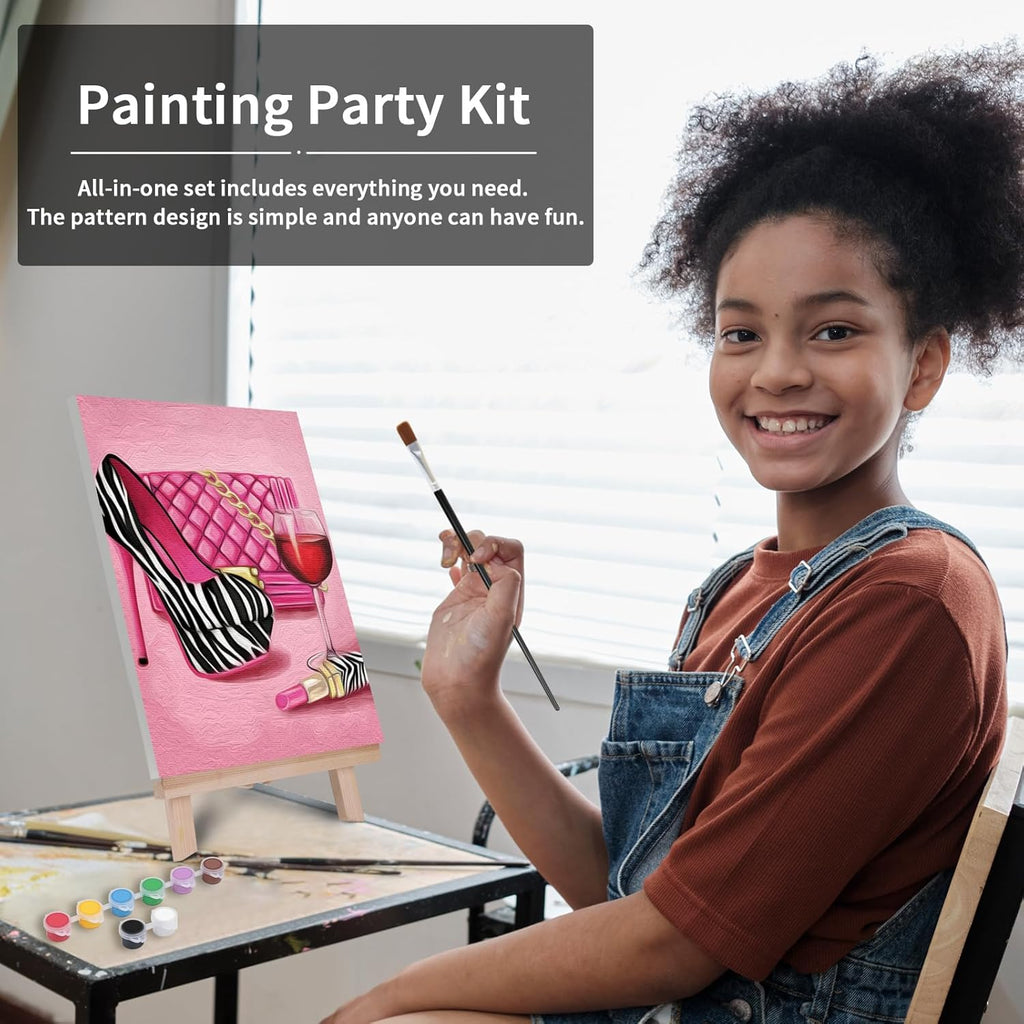 Pre Drawn Canvas Painting Kit with 1 Easel, 8 Acrylic Colors, 3 Brush, 1 Pallet (8x10) E460209