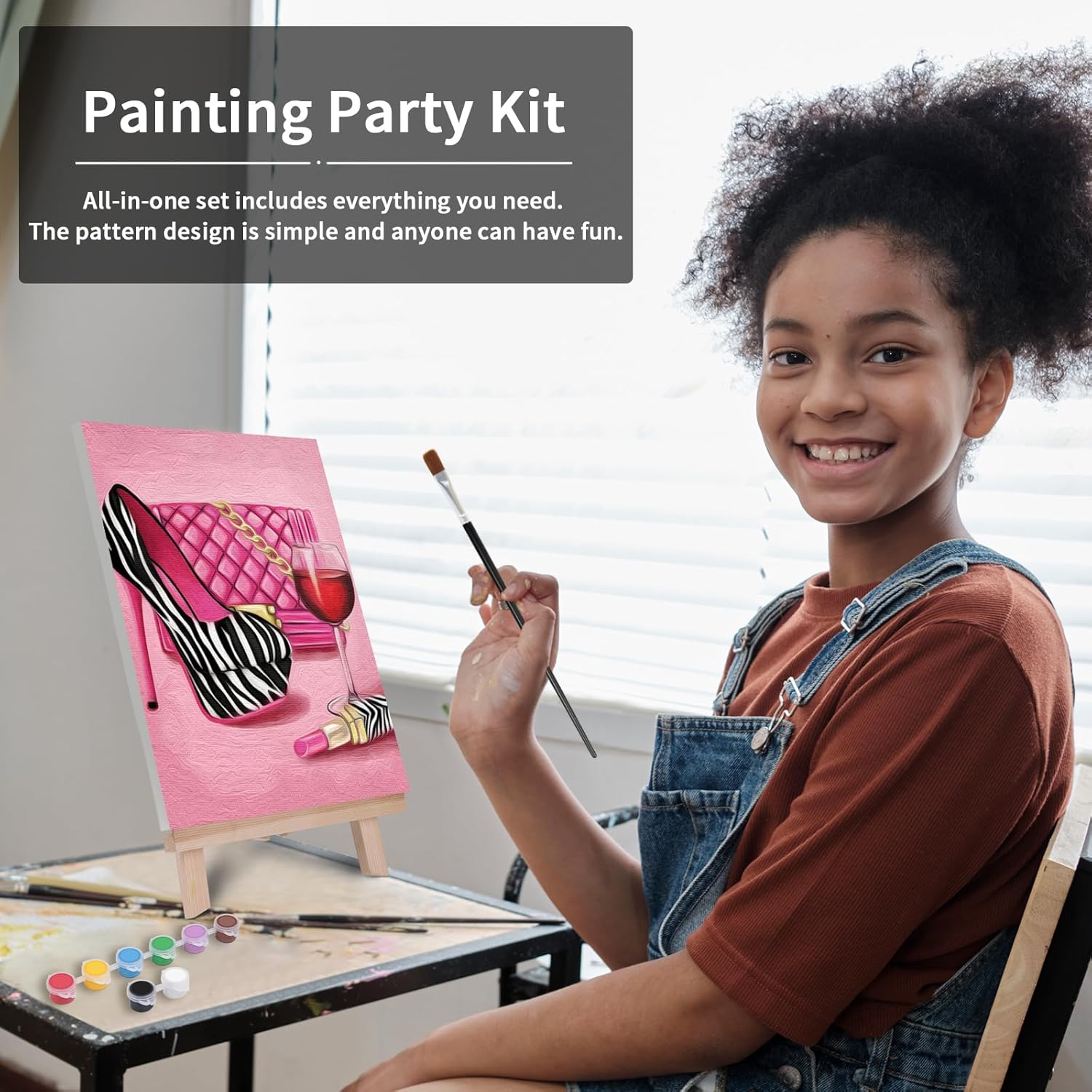Pre Drawn Canvas Painting Kit with 1 Easel, 8 Acrylic Colors, 3 Brush, 1 Pallet (8x10) E460209