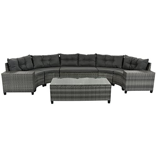 8 Piece Half Moon Sectional Patio Furniture Set with Washable Cushions and Glass Coffee Table T337