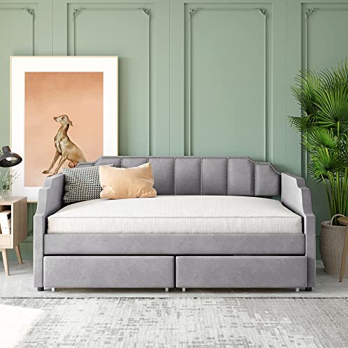 Gray Velvet Twin Daybed with 2 Drawers C399
