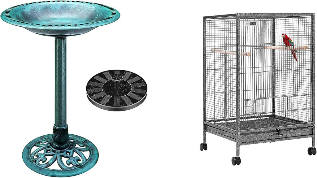 Green Garden Bird Bath and Solar Powered Round Pond Fountain with Wrought Iron Bird Cage with Rolling Stand I916931