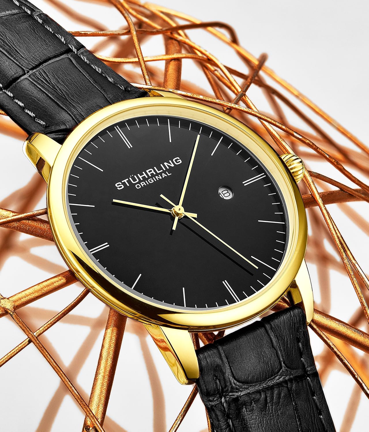 Black Gold Calfskin Leather Strap Analog Watch with Date K910840