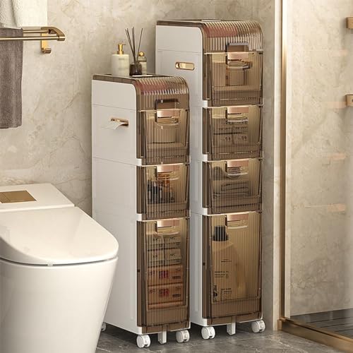 Narrow Bathroom Floor Storage Cabinet with Multi-layer Drawers Universal Wheels, Tall Slim Storage Unit Free Standing Storage Cabinet R10206